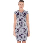 Elegant Purple Floral Jacquard Mesh Lace Fabric Capsleeve Drawstring Dress 