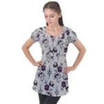 Elegant Purple Floral Jacquard Mesh Lace Fabric Puff Sleeve Tunic Top