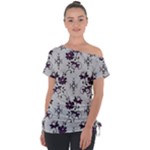 Elegant Purple Floral Jacquard Mesh Lace Fabric Off Shoulder Tie-Up T-Shirt