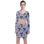 Elegant Purple Floral Jacquard Mesh Lace Fabric Long Sleeve Crop Top & Bodycon Skirt Set