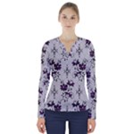 Elegant Purple Floral Jacquard Mesh Lace Fabric V-Neck Long Sleeve Top