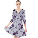 Elegant Purple Floral Jacquard Mesh Lace Fabric Quarter Sleeve Front Wrap Dress