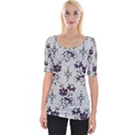 Elegant Purple Floral Jacquard Mesh Lace Fabric Wide Neckline T-Shirt