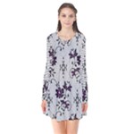 Elegant Purple Floral Jacquard Mesh Lace Fabric Long Sleeve V-neck Flare Dress