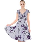 Elegant Purple Floral Jacquard Mesh Lace Fabric Cap Sleeve Front Wrap Midi Dress