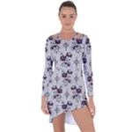 Elegant Purple Floral Jacquard Mesh Lace Fabric Asymmetric Cut-Out Shift Dress