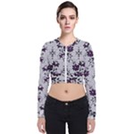 Elegant Purple Floral Jacquard Mesh Lace Fabric Long Sleeve Zip Up Bomber Jacket