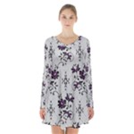 Elegant Purple Floral Jacquard Mesh Lace Fabric Long Sleeve Velvet V-neck Dress