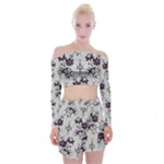 Elegant Purple Floral Jacquard Mesh Lace Fabric Off Shoulder Top with Mini Skirt Set