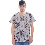 Elegant Purple Floral Jacquard Mesh Lace Fabric Men s V-Neck Scrub Top