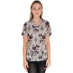 Elegant Purple Floral Jacquard Mesh Lace Fabric Women s V-Neck Scrub Top