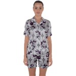 Elegant Purple Floral Jacquard Mesh Lace Fabric Satin Short Sleeve Pajamas Set