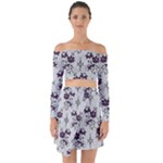 Elegant Purple Floral Jacquard Mesh Lace Fabric Off Shoulder Top with Skirt Set