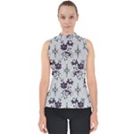 Elegant Purple Floral Jacquard Mesh Lace Fabric Mock Neck Shell Top