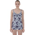 Elegant Purple Floral Jacquard Mesh Lace Fabric Tie Front Two Piece Tankini