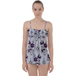 Elegant Purple Floral Jacquard Mesh Lace Fabric Babydoll Tankini Set