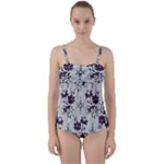 Elegant Purple Floral Jacquard Mesh Lace Fabric Twist Front Tankini Set