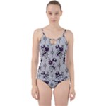 Elegant Purple Floral Jacquard Mesh Lace Fabric Cut Out Top Tankini Set