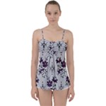 Elegant Purple Floral Jacquard Mesh Lace Fabric Babydoll Tankini Top