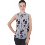 Elegant Purple Floral Jacquard Mesh Lace Fabric Mock Neck Chiffon Sleeveless Top