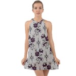 Elegant Purple Floral Jacquard Mesh Lace Fabric Halter Tie Back Chiffon Dress