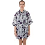 Elegant Purple Floral Jacquard Mesh Lace Fabric Half Sleeve Satin Kimono 