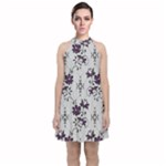 Elegant Purple Floral Jacquard Mesh Lace Fabric Velvet Halter Neckline Dress 