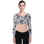 Elegant Purple Floral Jacquard Mesh Lace Fabric Velvet Long Sleeve Crop Top