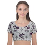 Elegant Purple Floral Jacquard Mesh Lace Fabric Velvet Short Sleeve Crop Top 