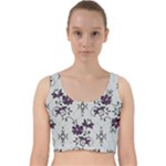 Elegant Purple Floral Jacquard Mesh Lace Fabric Velvet Racer Back Crop Top