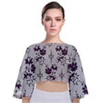 Elegant Purple Floral Jacquard Mesh Lace Fabric Tie Back Butterfly Sleeve Chiffon Top