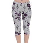 Elegant Purple Floral Jacquard Mesh Lace Fabric Velvet Capri Leggings 