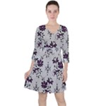 Elegant Purple Floral Jacquard Mesh Lace Fabric Quarter Sleeve Ruffle Waist Dress