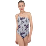 Elegant Purple Floral Jacquard Mesh Lace Fabric Classic One Shoulder Swimsuit