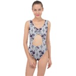 Elegant Purple Floral Jacquard Mesh Lace Fabric Center Cut Out Swimsuit