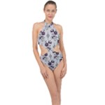 Elegant Purple Floral Jacquard Mesh Lace Fabric Halter Side Cut Swimsuit