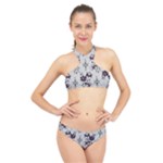 Elegant Purple Floral Jacquard Mesh Lace Fabric High Neck Bikini Set