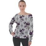 Elegant Purple Floral Jacquard Mesh Lace Fabric Off Shoulder Long Sleeve Velour Top