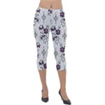 Elegant Purple Floral Jacquard Mesh Lace Fabric Lightweight Velour Capri Leggings 