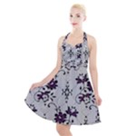 Elegant Purple Floral Jacquard Mesh Lace Fabric Halter Party Swing Dress 