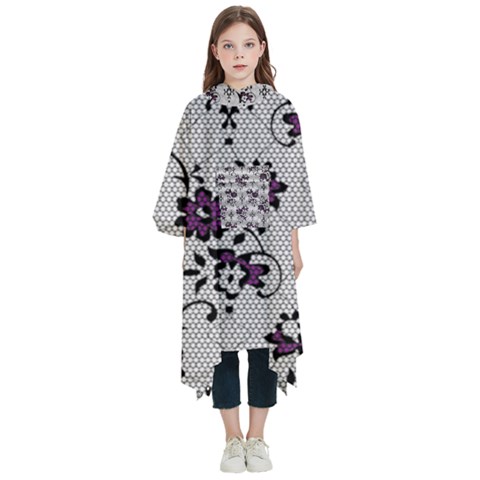 Elegant Purple Floral Jacquard Mesh Lace Fabric Kids  Hooded Rain Ponchos from ArtsNow.com