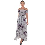 Elegant Purple Floral Jacquard Mesh Lace Fabric Off Shoulder Open Front Chiffon Dress