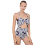 Elegant Purple Floral Jacquard Mesh Lace Fabric Scallop Top Cut Out Swimsuit