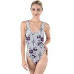 Elegant Purple Floral Jacquard Mesh Lace Fabric High Leg Strappy Swimsuit