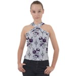 Elegant Purple Floral Jacquard Mesh Lace Fabric Cross Neck Velour Top