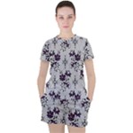 Elegant Purple Floral Jacquard Mesh Lace Fabric Women s T-Shirt and Shorts Set