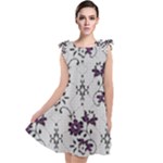 Elegant Purple Floral Jacquard Mesh Lace Fabric Tie Up Tunic Dress