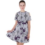 Elegant Purple Floral Jacquard Mesh Lace Fabric Short Sleeve Shoulder Cut Out Dress 