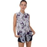 Elegant Purple Floral Jacquard Mesh Lace Fabric Sleeveless Chiffon Button Shirt