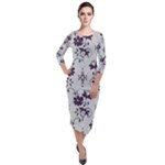 Elegant Purple Floral Jacquard Mesh Lace Fabric Quarter Sleeve Midi Velour Bodycon Dress